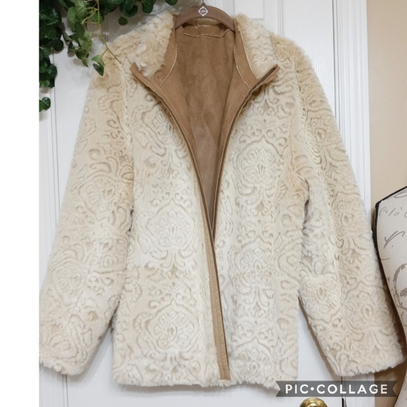 Coldwater Creek Reversible Tan & Cream Coat Size L 14 - Picture 6 of 9